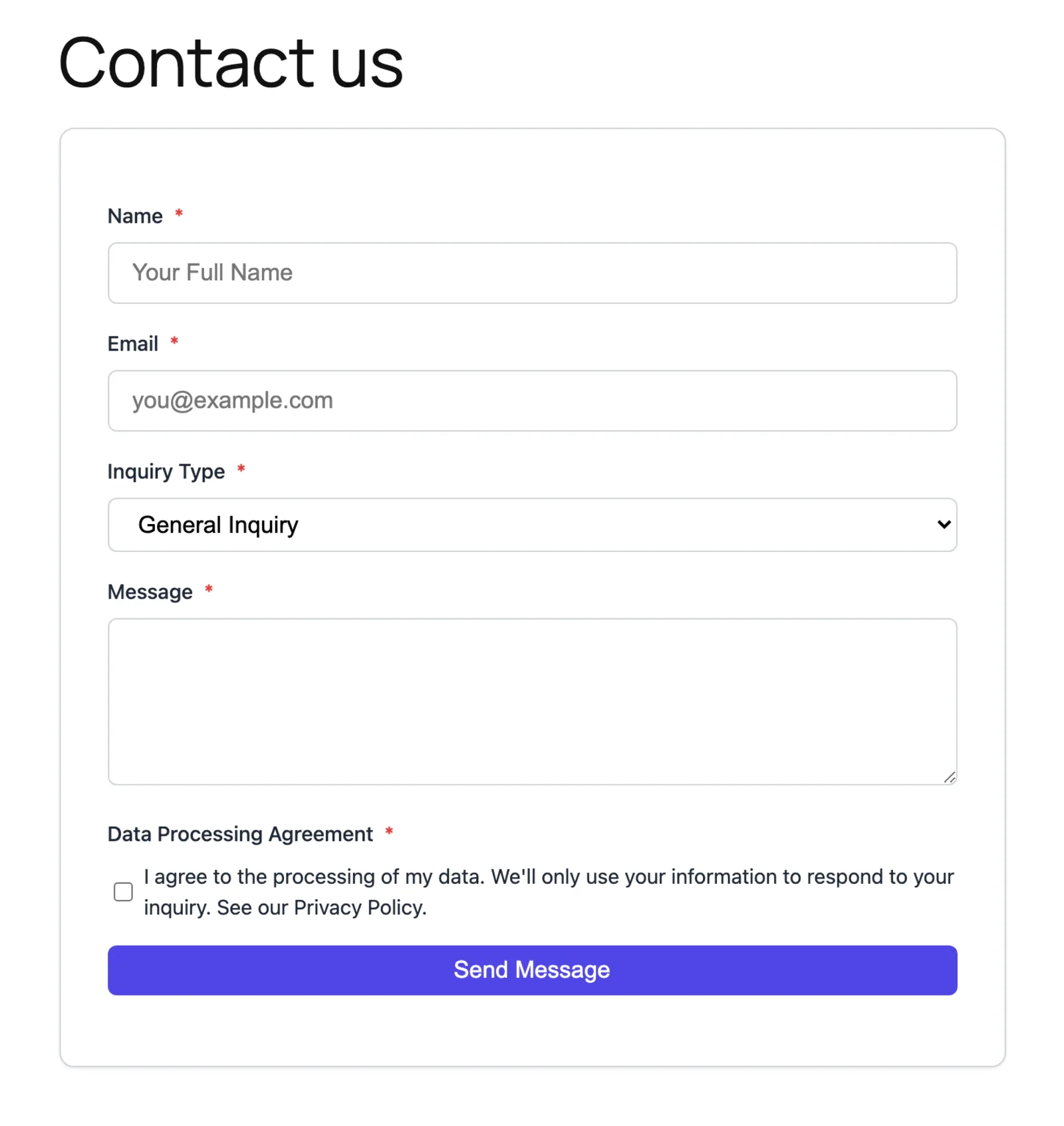 A KirokuForms contact form on a published WordPress page, showing name, email, inquiry type and message fields, a consent checkbox and a Send Message button, inside its own bordered card.