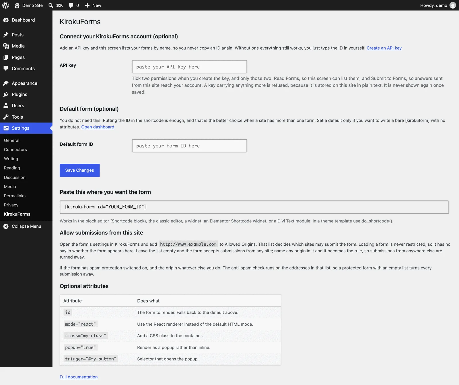 The KirokuForms settings screen in WordPress admin: the API key field, the optional default form, the shortcode to copy, and this site's origin.